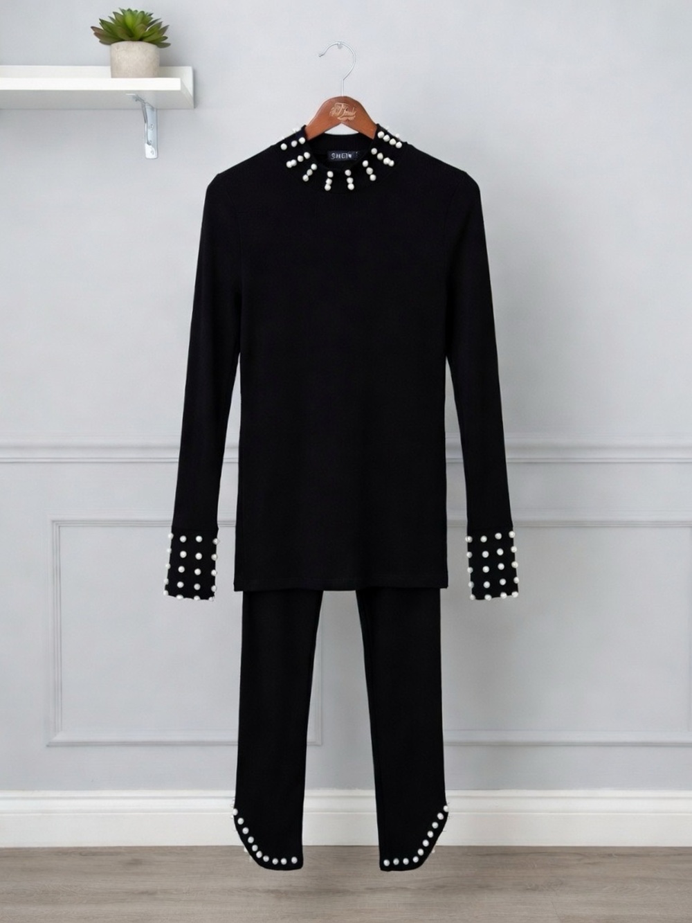 SHEIN Pearl Trim Two‑Piece Ribbed Set – Black – Size M - NWOT
